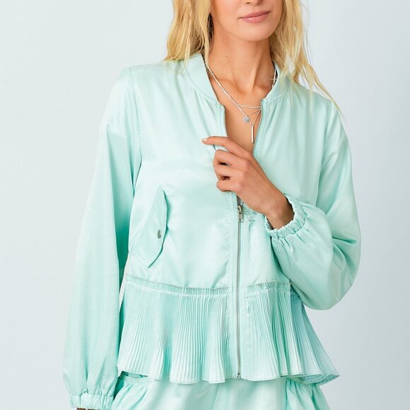 MYSTREE Mint Green Pleated Hem Bomber Jacket, Satin Zip-Up Lightweight Jacket - Picture 2 of 7